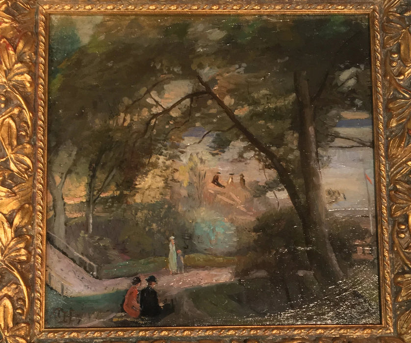 SQUARE SIGNED OIL PAINTING OF PEOPLE IN A HILLSIDE PARK