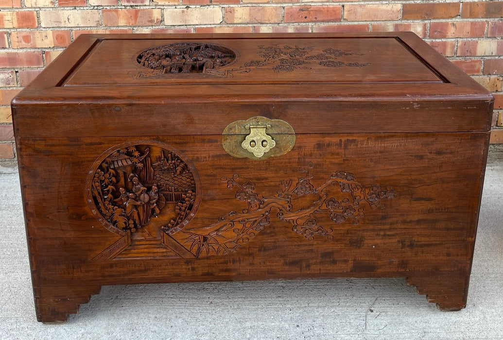 CHINESE LARGE CARVED TRUNK WITH INTRICATE LOCK