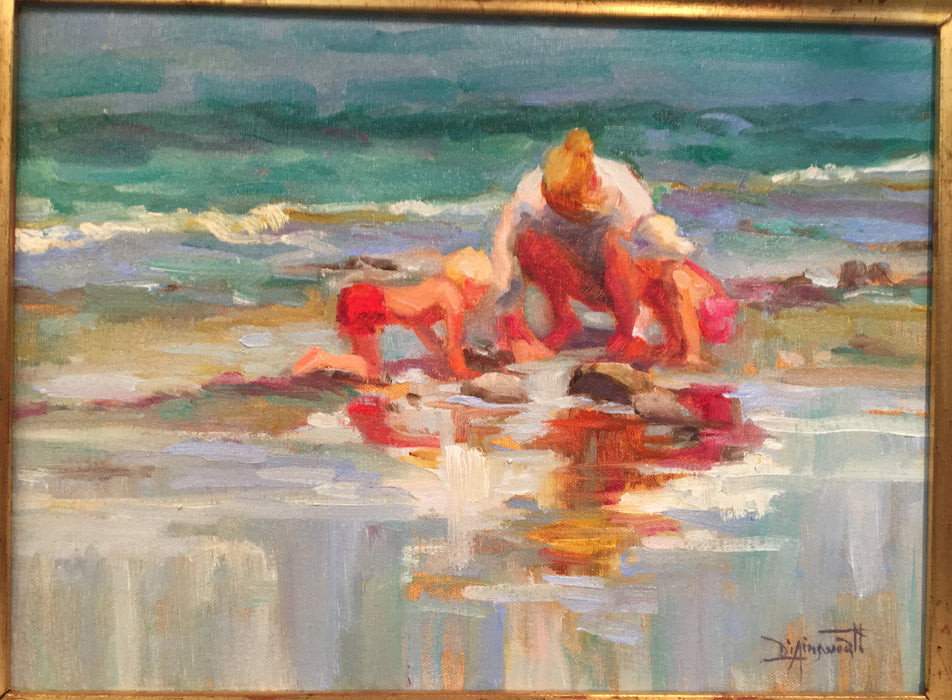 IMPRESSIONIST OIL PAINTING OF WOMAN AND CHILDREN ON THE BEACH BY DIAIN