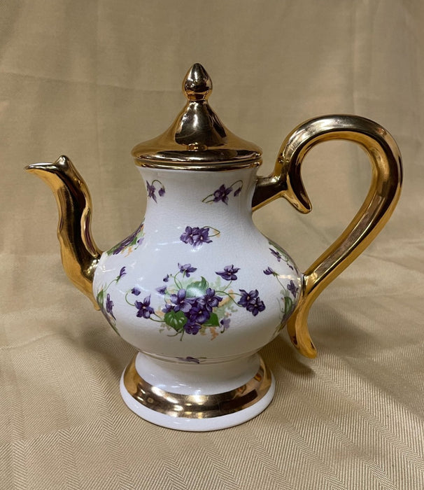 GOLD TEAPOT WITH PURPLE FLOWERS