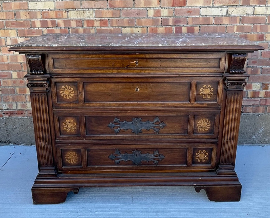 ITALIAN MARBLE TOP WALNUT 4 DRAWER CHEST WITH INLAY
