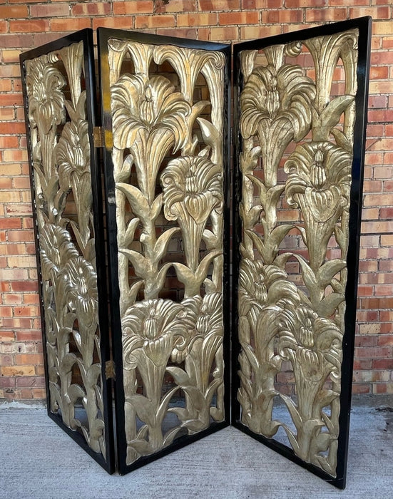 SILVER ON BLACK 3 PANEL FLORAL SCREEN