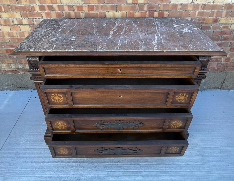 ITALIAN MARBLE TOP WALNUT 4 DRAWER CHEST WITH INLAY