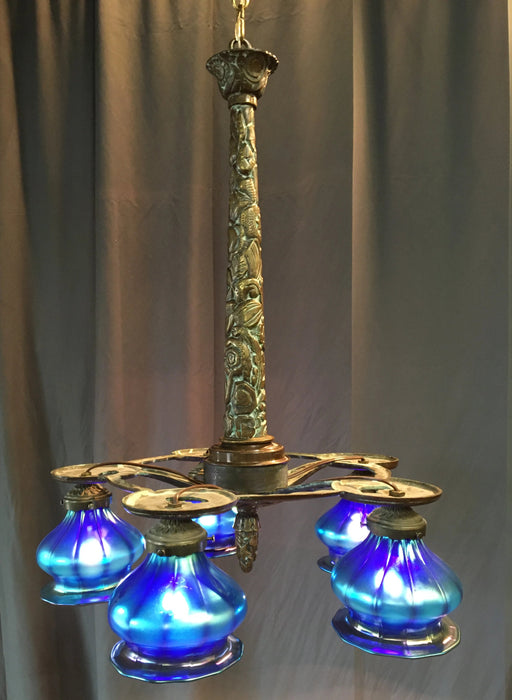FIVE LIGHT 1930'S CHANDELIER WITH IRIDESCENT GLASS SHADES