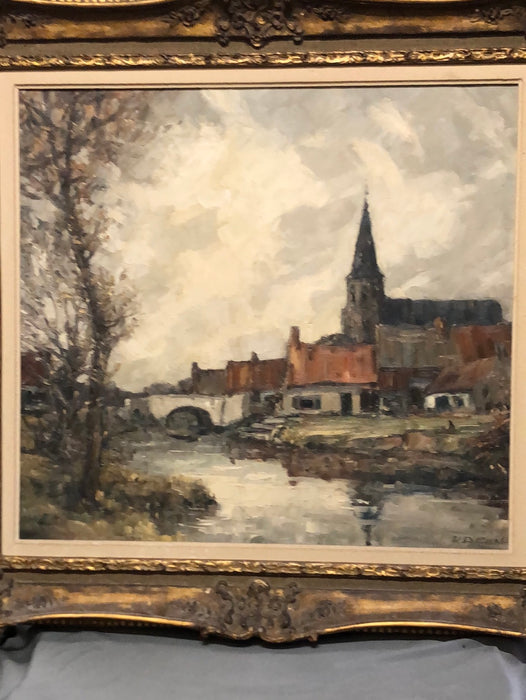 IMPASTO IMPRESSIONIST LARGE CHURCH OIL PAINTING IN ORNATE FRAME-SIGNED