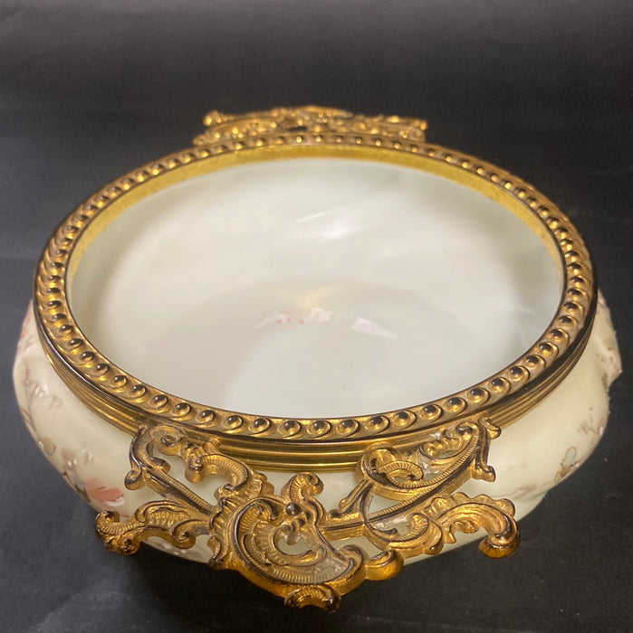 WAVECREST PAINTED LOW FLORAL DISH WITH BRASS ACCENTS