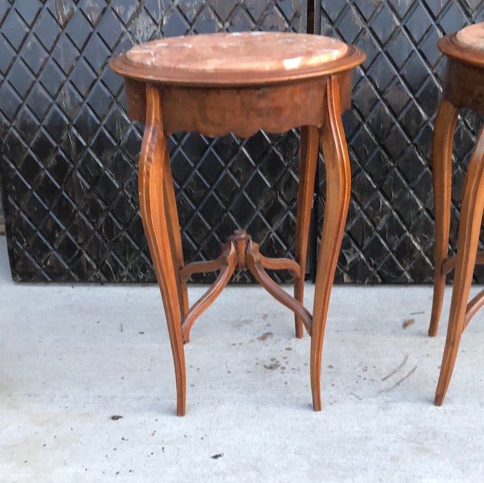 PAIR OF LOUIS XV MAHOGANY MARBLE TOP OCCASSIONAL TABLES - AS FOUND