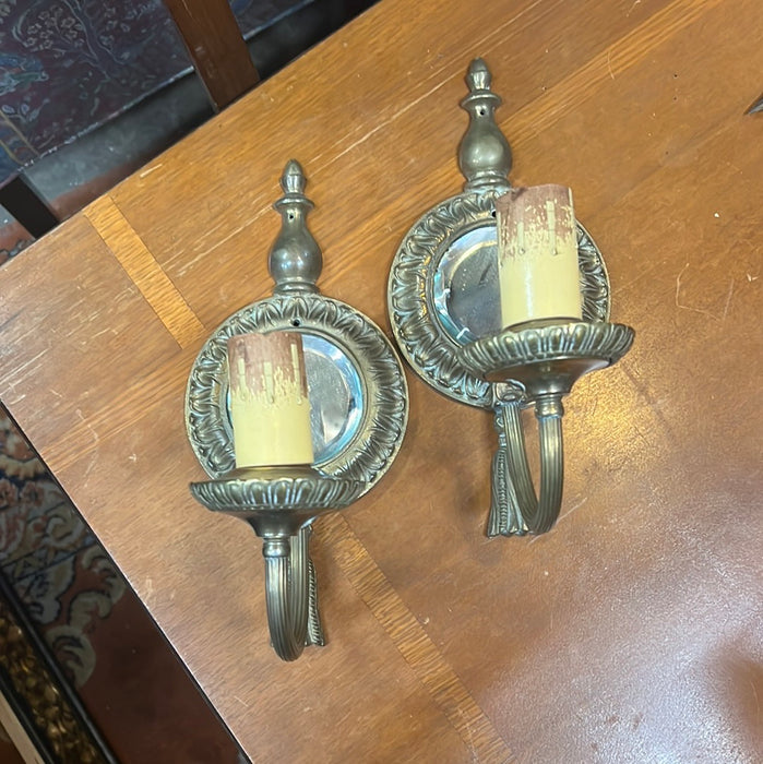 PAIR OF BRONZE TASSEL WALL SCONCES WITH ROUND BEVELED GLASS MIRRORS