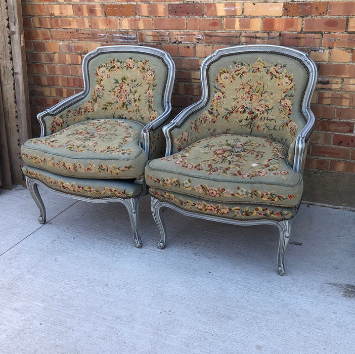 PAIR OF NEEDLE POINT PAINTED BERGERE CHAIRS - AS FOUND