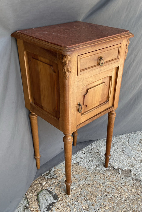 LOUIS XVI MARBLE TOP WALNUT SMALL CABINET WITH BELLFLOWER ACCENTS