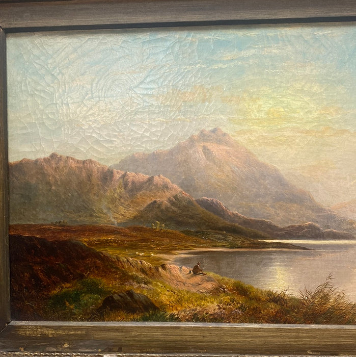 LARGE SIGNED LESLIE HORIZONTAL LANDSCAPE OF MAN FISHING OIL PAINTING ON CANVAS