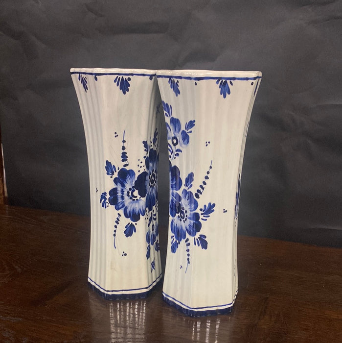 PAIR OF SMALL HEXAGONAL FLORAL DELFT VASES