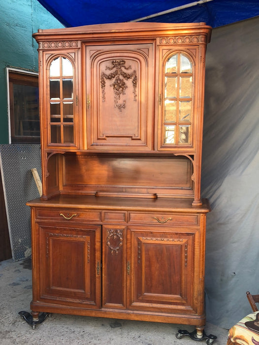 AS FOUND LOUIS XVI WALNUT BUFFET WITH BEVELED GLASS WITH FLORAL BOUQUET