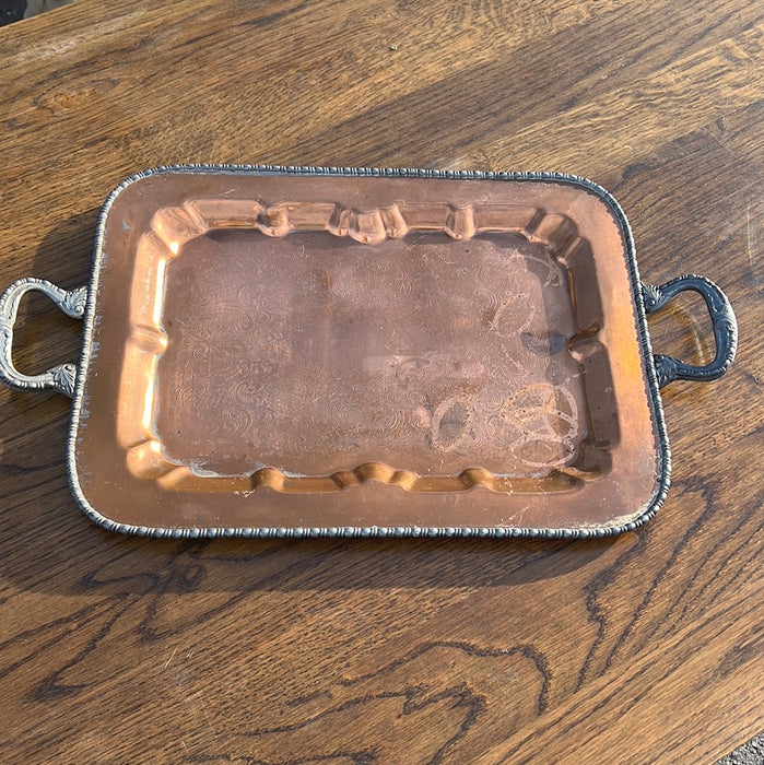 COPPER TRAY WITH SILVERPLATE HANDLES AND RIM