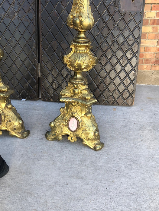 PAIR OF LARGE ORNATE BRASS FLOOR LAMPS OR CANDLE STANDS WITH CAMEOS - NO SHADES