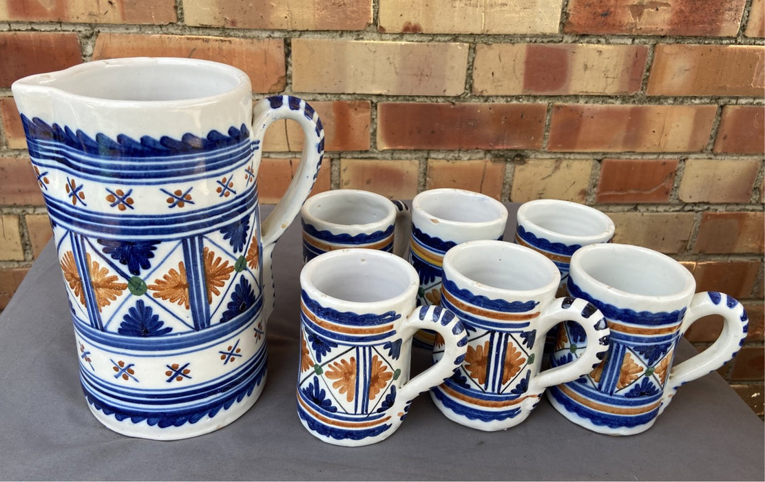 STONEWARE SET OF PITCHER AND 6 MUGS