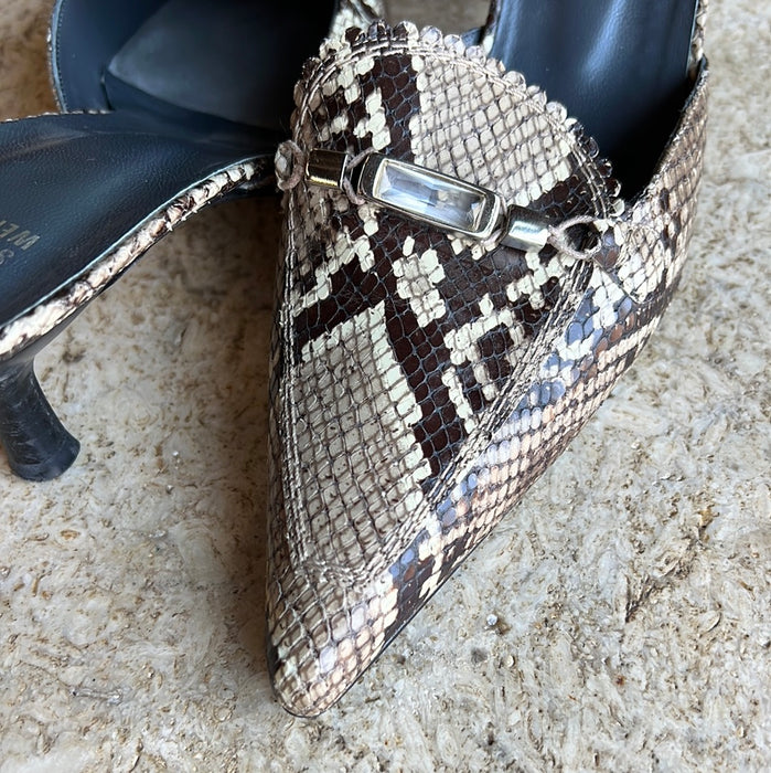 STUART WEITZMAN SNAKE KITTEN HEEL MULES