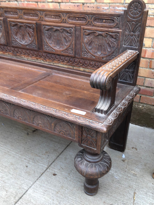 HEAVY FRENCH LUNETTE CARVED OAK HALL BENCH