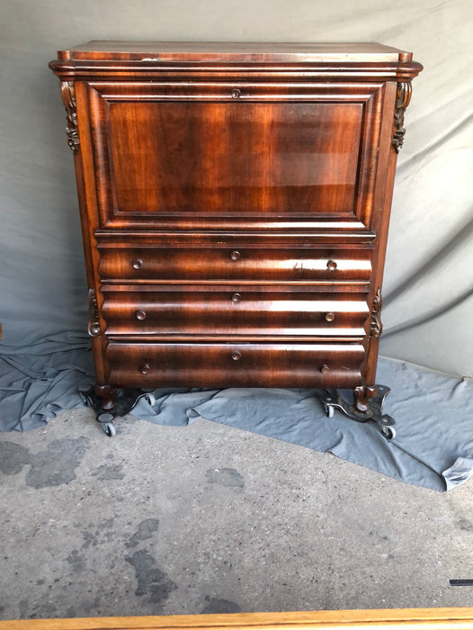 MAHOGANY DROP FRONT DESK WITH PAINTED DETAIL ON INNER DRAWERS