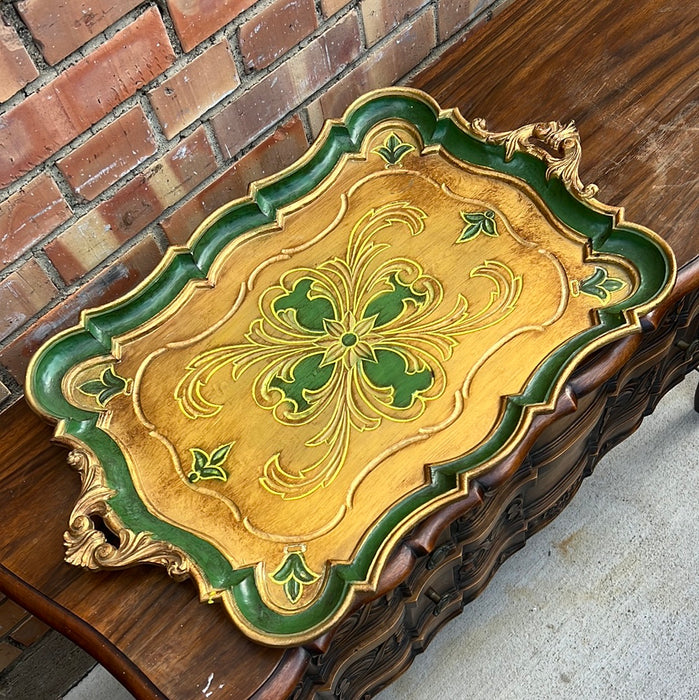 LARGE GREEN AAND GOLD FLORETINE TRAY WITH HANDLES
