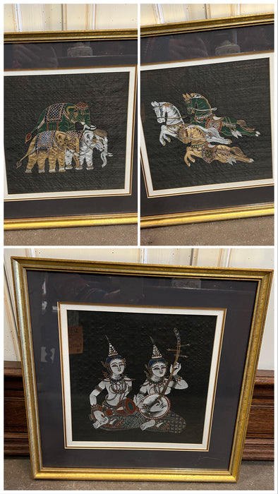 PAIR SQUARE GOLD FRAMED THAI PAINTING ON SILK