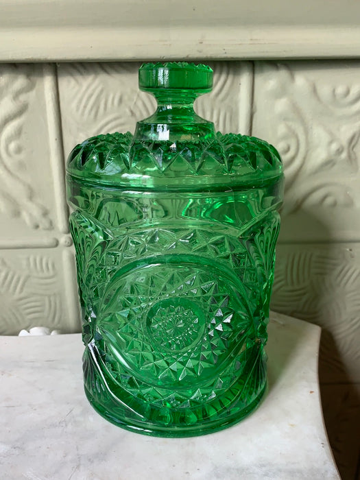 GREEN IMPERIAL CUT GLASS BISCUIT JAR WITH LID