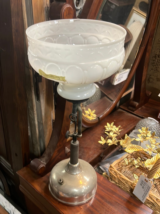 COLEMAN LAMP WITH WHITE GLASS SHADE