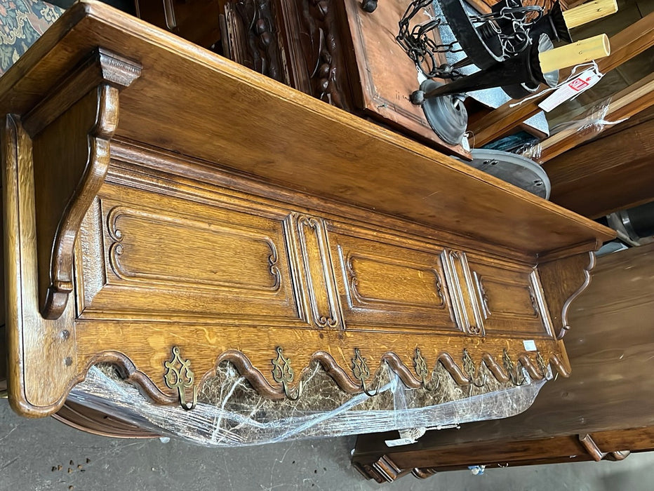 LARGE OAK WALL SHELF WITH HOOKS