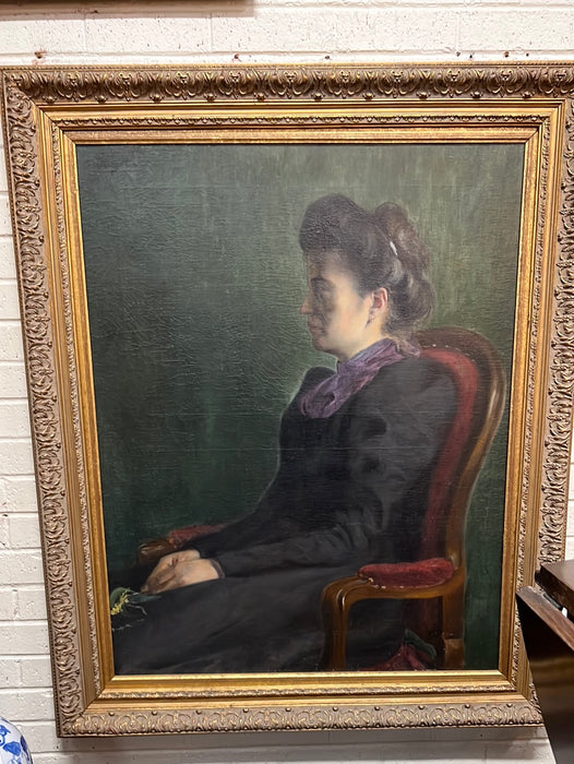 19TH C. PROFILE PORTRAIT OF LADY SEATED WITH GREEN BACKGROUND