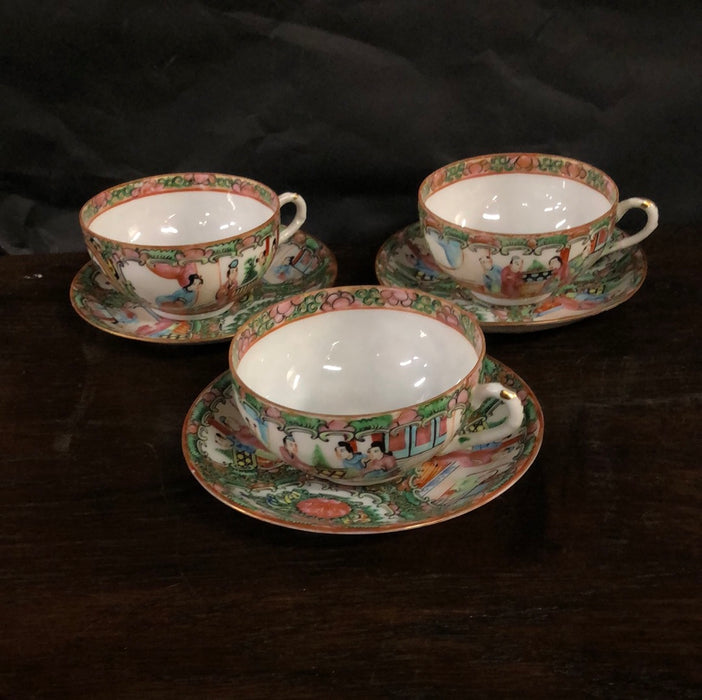 * SET OF THREE ROSE FAMILLE COFFEE CUPS WITH SAUCERS ADDED TO SOLD LOT