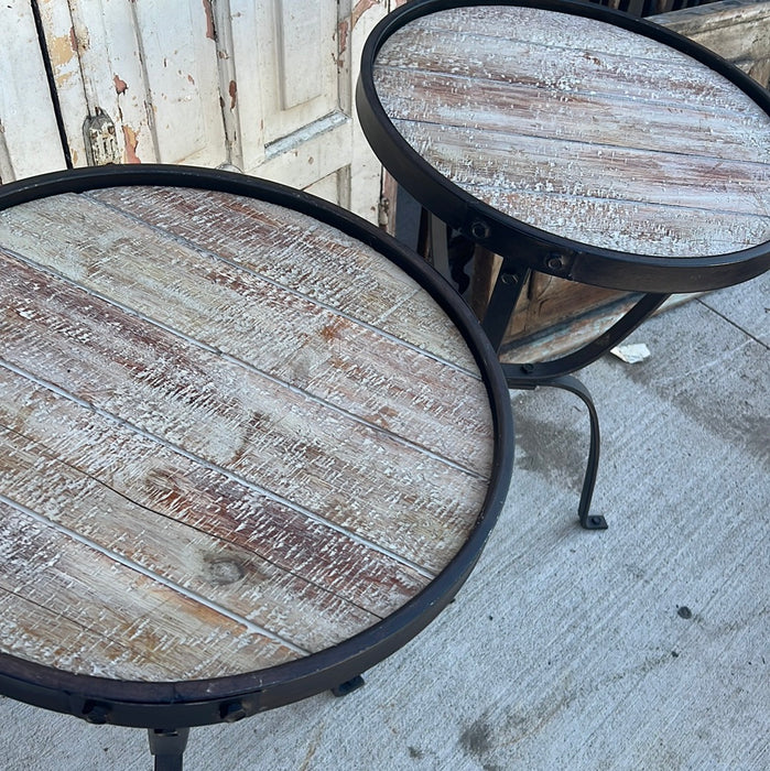 PAIR OF METAL LAMP TABLES WITH WOOD INSET TOP - NOT OLD