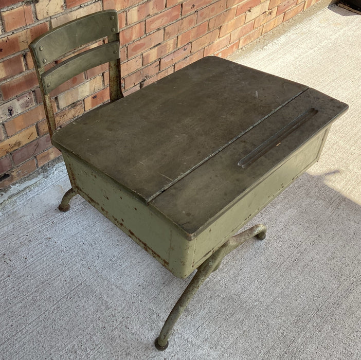 GREEN METAL AND WOOD SMALL SCHOOL DESK WITH ATTACHED CHAIR