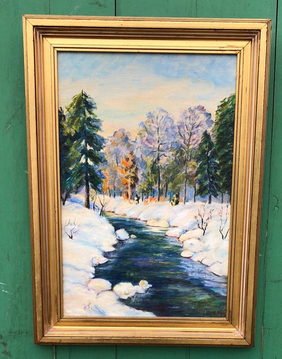 VERTICAL OIL PANITING OF A WINTER STREAM AND MOUNTAIN SCENE BY BOYD