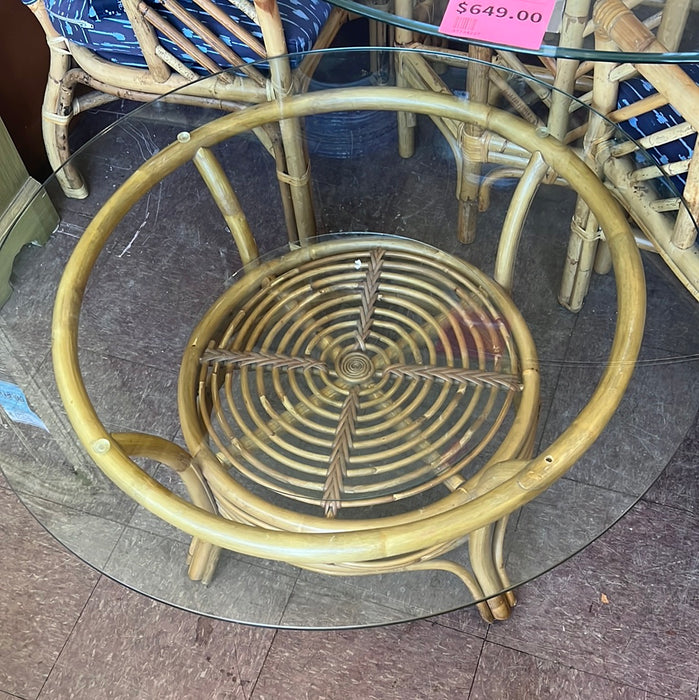 ROUND RATTAN COFFEE TABLE WITH GLASS TOP AND LOWER SHELF