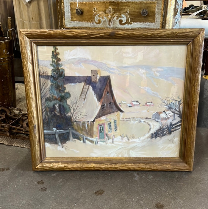 GUACHE WATERCOLOR WINTER SCENE IN GOLD FRAME