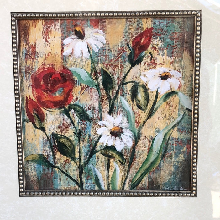 SQUARE ACRYLIC FLORAL STILL LIFE IN SILVER FRAME