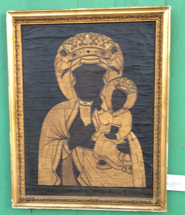 BLACK AND GOLD BEJEWELED MADONNA AND CHILD 18TH C. OIL PAINTING ON CANVAS