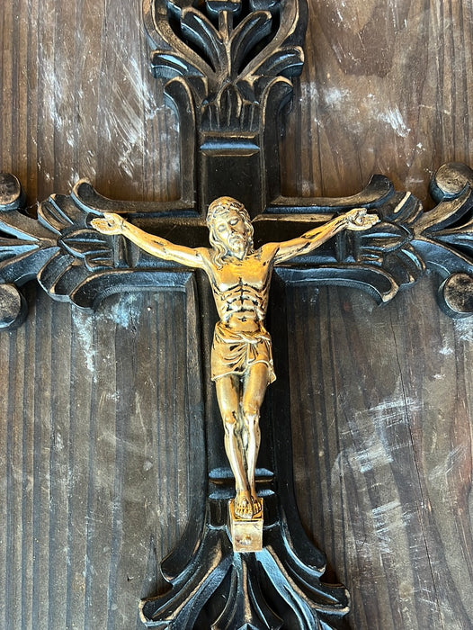 WOOD AND BRASS 17.5" WALL HANGING CRUCIFIX