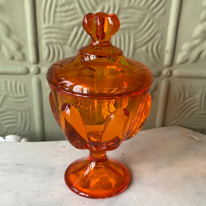 SMALL ORANGE VIKING GLASS FOOTED DISH WITH LID