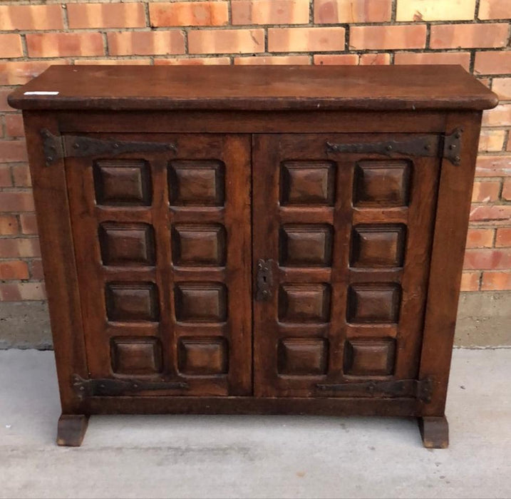 RUSTIC SPANISH CONSOLE CABINET WITH MULTI-PANEL DOORS