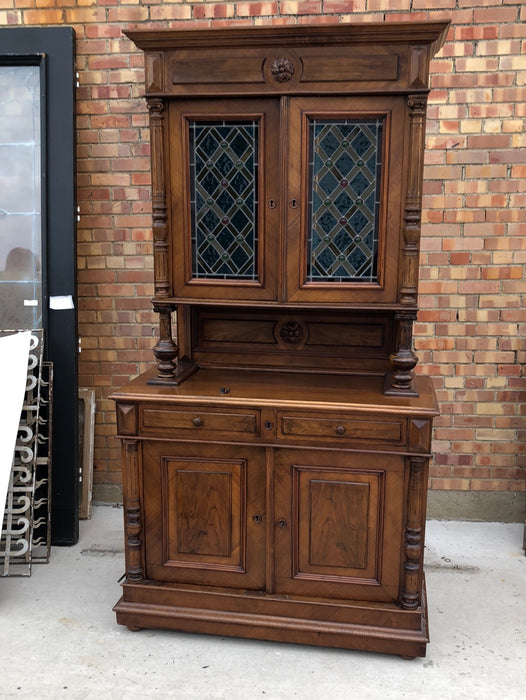 STAINED GLASS WALNUT HUNT CABINET WITH RONDELLS