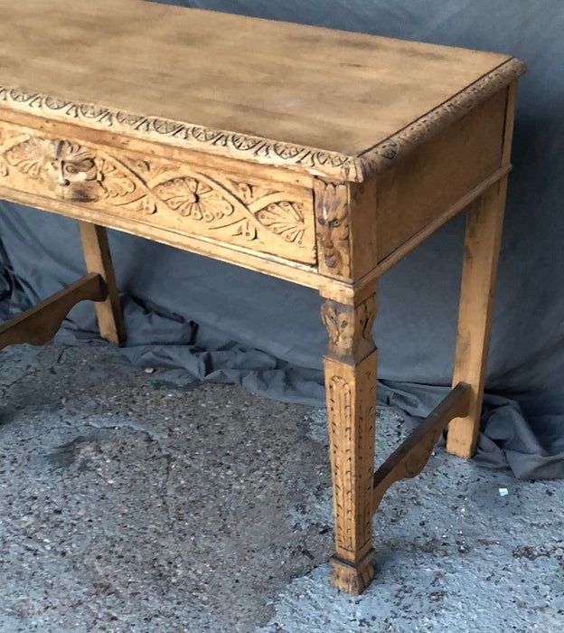 RAW OAK CARVED ENGLISH CONSOLE TABLE WITH DRAWER