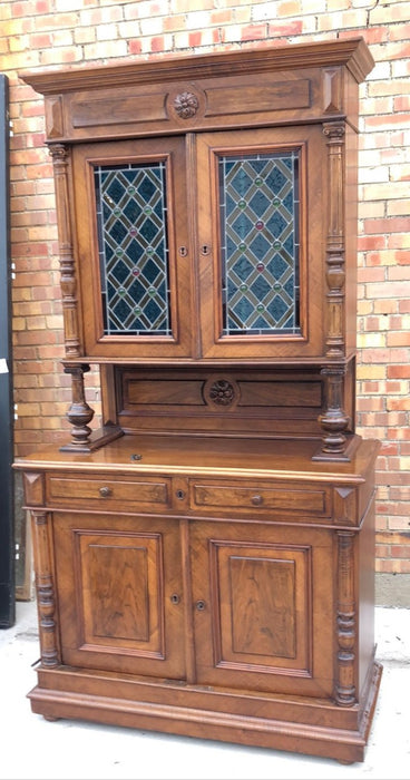 STAINED GLASS WALNUT HUNT CABINET WITH RONDELLS