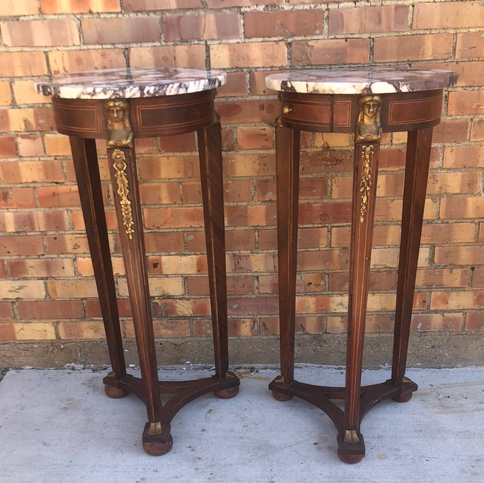 PAIR OF TALL EMPIRE MAHOGANY PEDESTALS WITH VEINED MARBLE
