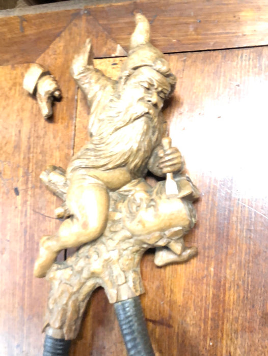 PAIR OF HAND CARVED GNOMES WITH ANTLER WALL HOOKS - AS FOUND