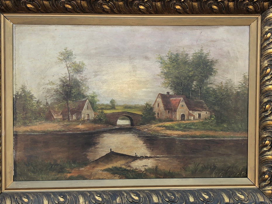 BUCOLIC OIL PAINTING WITH BRIDGE