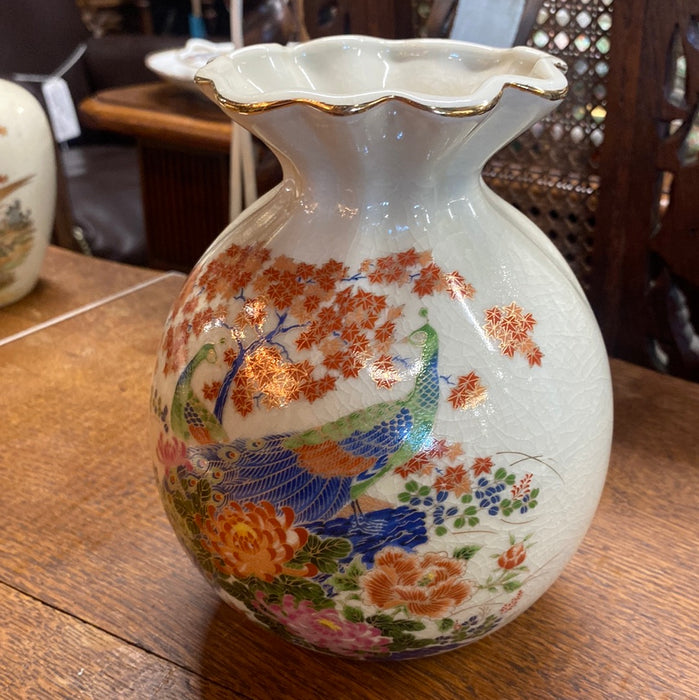 CRACKLED GLAZE GINGER JAR WITH PEACOCKS