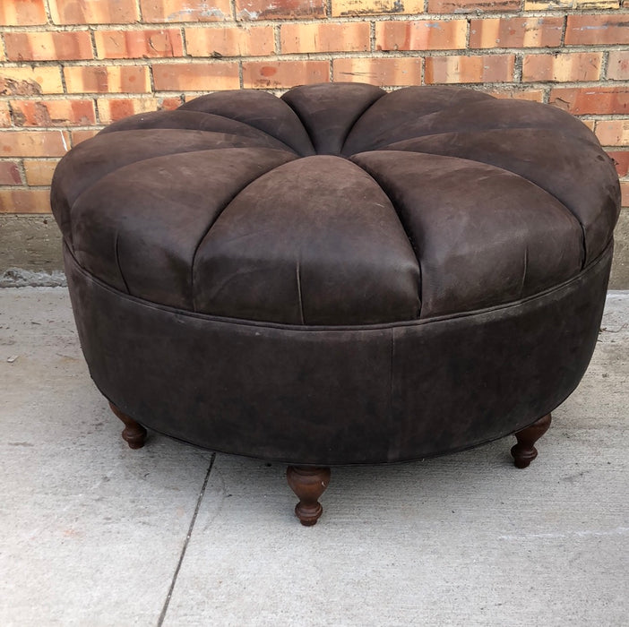 ROUND BROWN LEATHER OTTOMAN