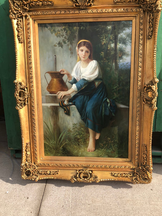 FRAMED OIL PAINTING OF A GIRL WITH A POT