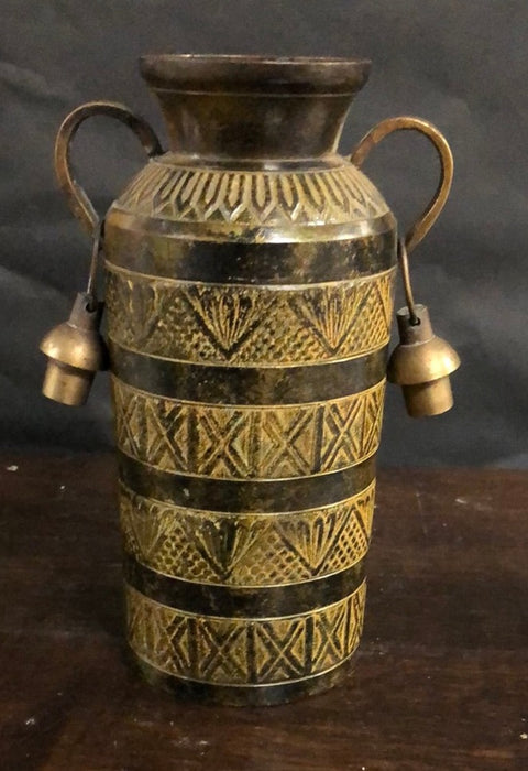 SMALL INCISED BRASS VASE WITH TASSELS